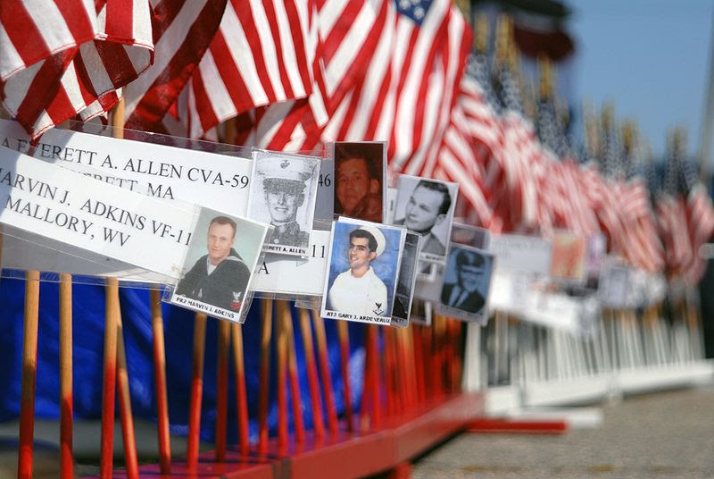File:Forrestal fire 40th Anniversary memorial ceremony flags and photos.jpg