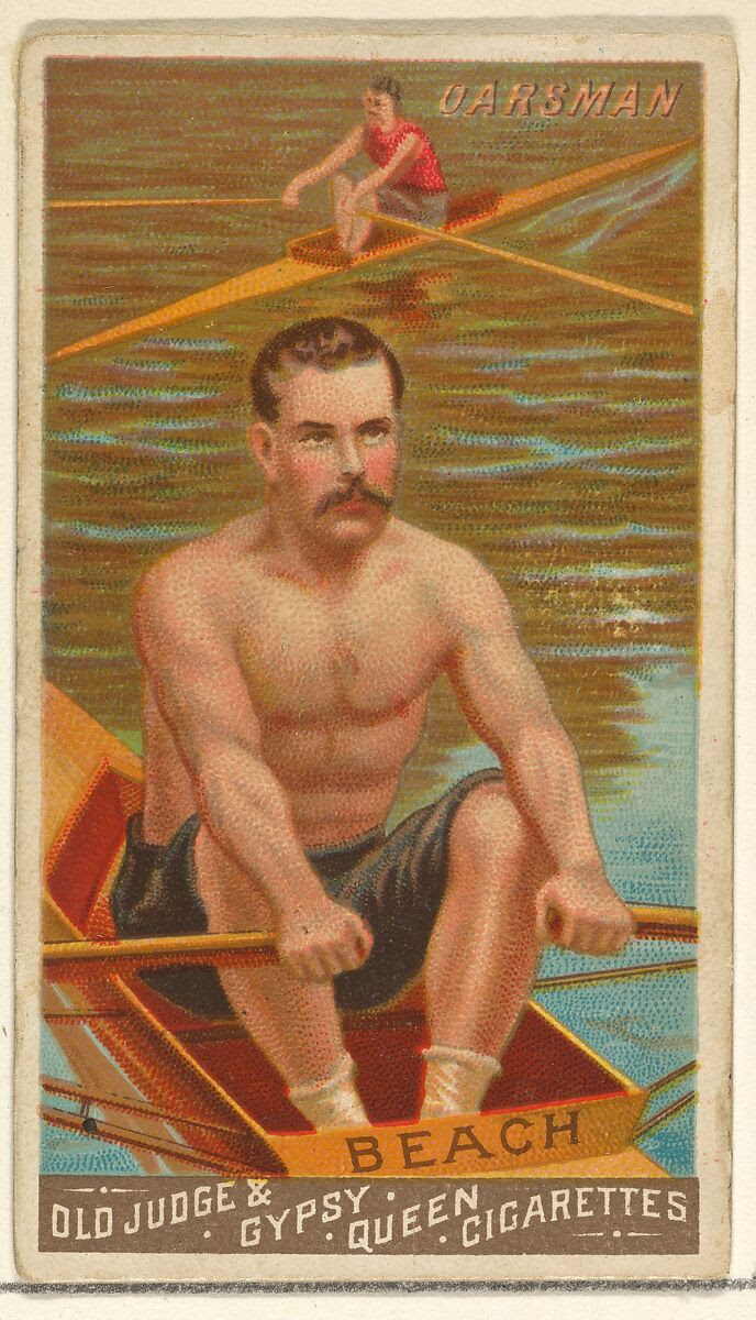 Trading card artwork with two rowers, focusing on a rower in the foreground. Text at the bottom advertising cigarettes. Rowing art