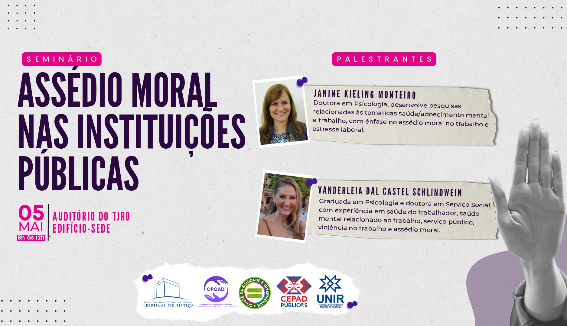 Banner do Seminário assédio moral nas instituições públicas com informações das palestrantes e a data do evento
