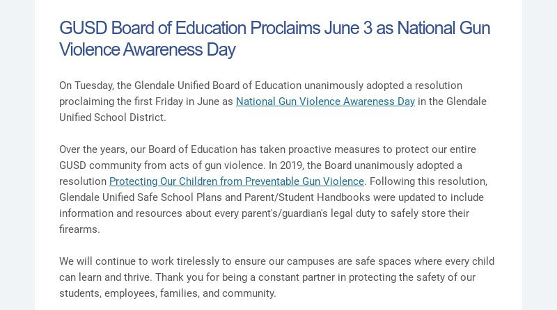 Le Conseil de l'éducation du GUSD proclame le 3 juin Journée nationale de sensibilisation à la violence armée Mardi, le...