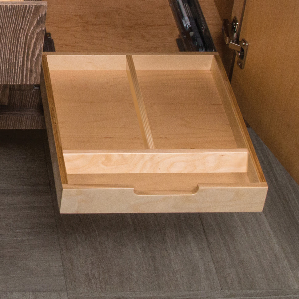 Add-on interior upper pull-out drawer with 4 dividers. Made to size of the cabinet space.