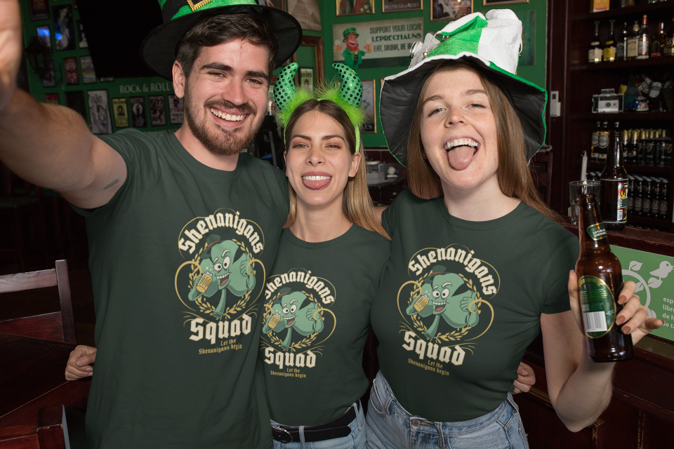 Friends enjoying St Patrick's Day with Custom TShirt Designed Shirts