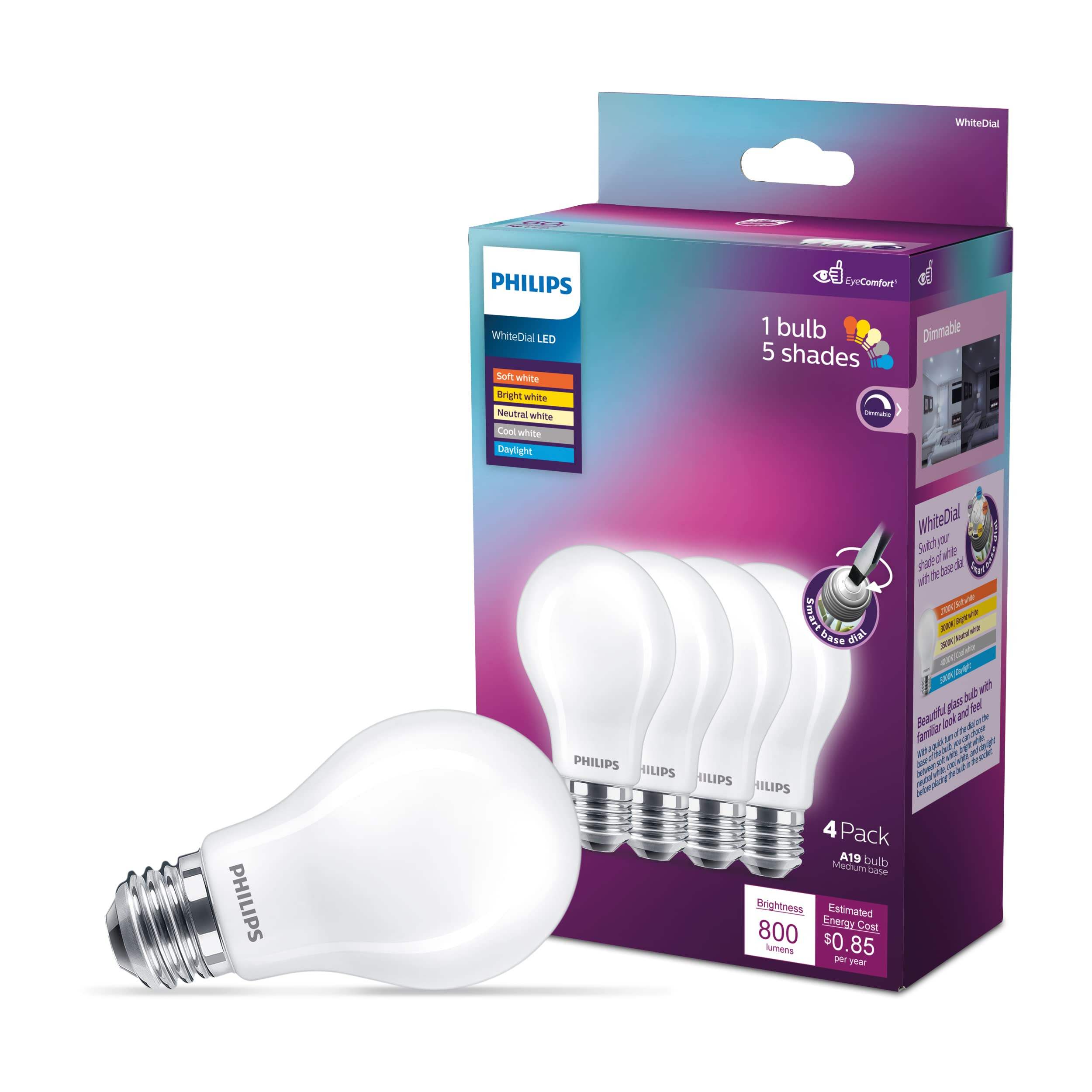 Philips LED White Dial Flicker-Free Frosted Dimmable A19 Light Bulb