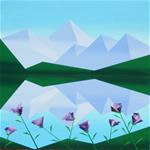 Mark Webster - Abstract Geometric Mountain Lake with Purple Flowers Acrylic Painting - Posted on Thursday, February 5, 2015 by Mark Webster