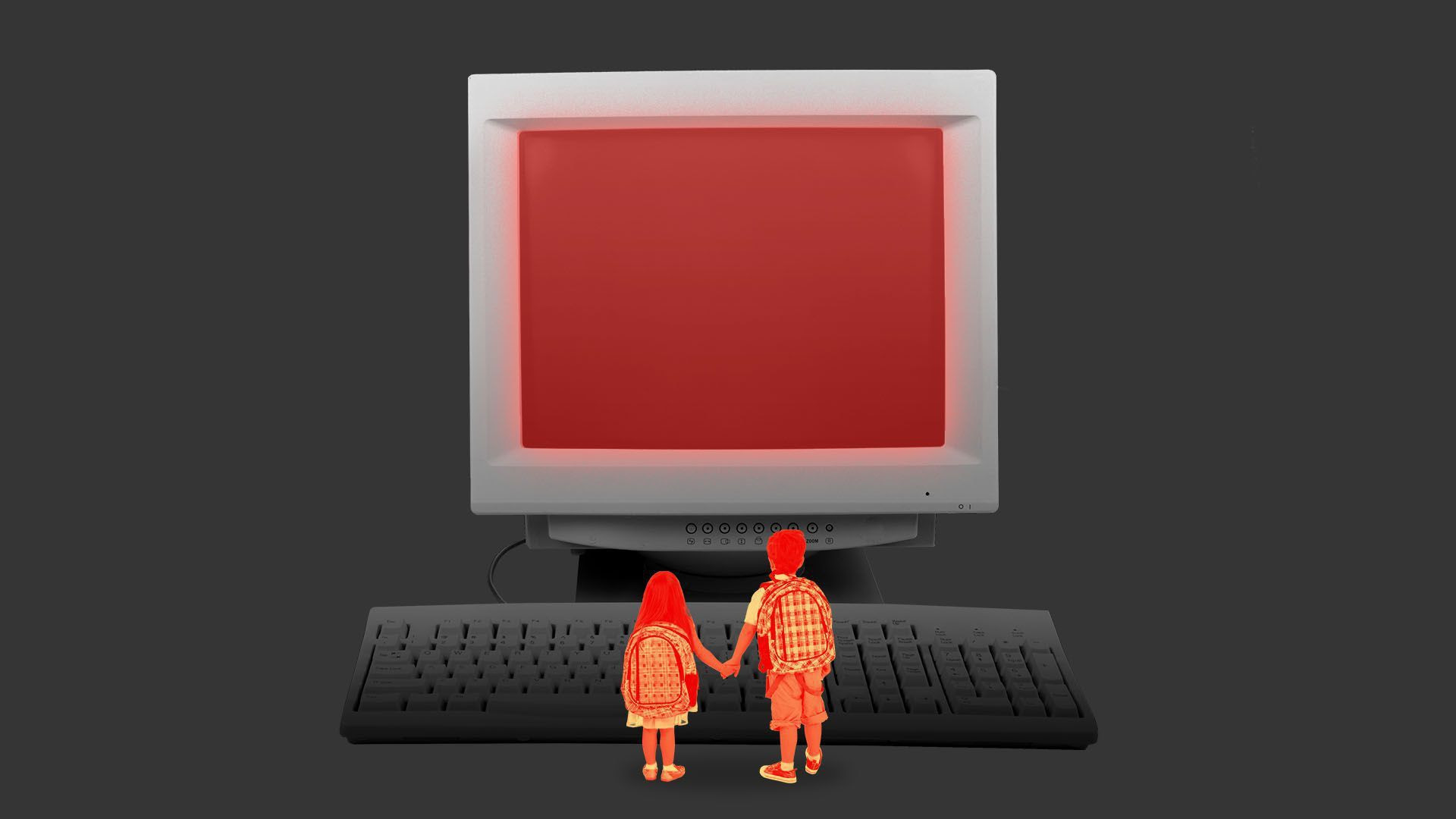 an illustration of kids in front of a giant computer