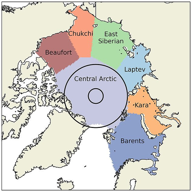 Arctic seas: Researchers studied sea ice thickness in all seven Arctic coastal seas (pictured). In Laptev, Kara and Chukchi, waters increased by 70 per cent, 98 per cent and 110 per cent respectively, when compared with earlier calculations