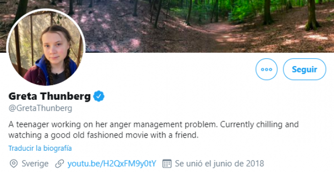 Imagen de la descripción de Twitter de la activista sueca Greta Thunberg, en la que se lee: 'Una adolescente trabajando en su  problema de control de ira. Actualmente, relajándome y viendo una buena película antigua con una amiga'./ Captura de pantalla