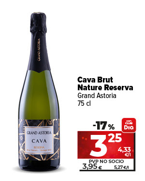 Cava Brut Nature Reserva Grand Astoria 75cl ahora un 17% más barato con CLUBDia a 3,25€ a 4,33€/l. Pvp no socio a 3,95€ a 5,27€/l