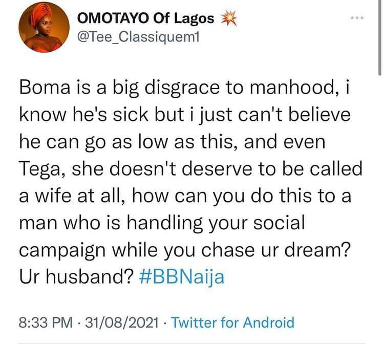 #BBNaija: Nigerians react to videos of Tega and Boma making out