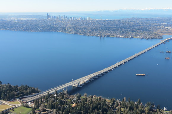 After photo with only the new SR 520 floating bridge on Lake Washington