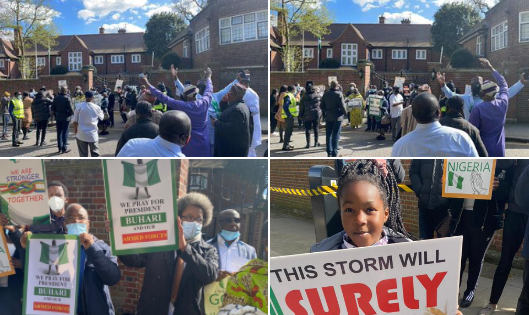 Presidential aide, Garba Shehu, shares photos and videos of Nigerians staging pro-Buhari protest at the Abuja house in the UK