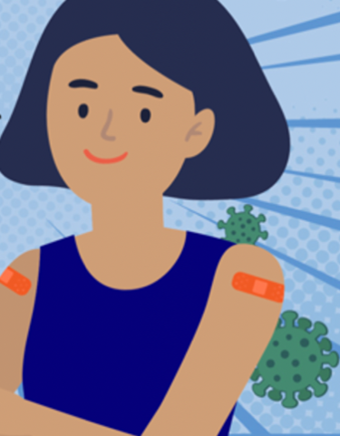Illustration of sick woman smiling with a band aid on her arm