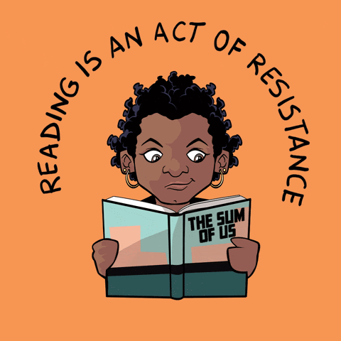 Image of a black child reading a book titled "The Sum of Us". The phrase "Reading is an Act of Resistance" written above