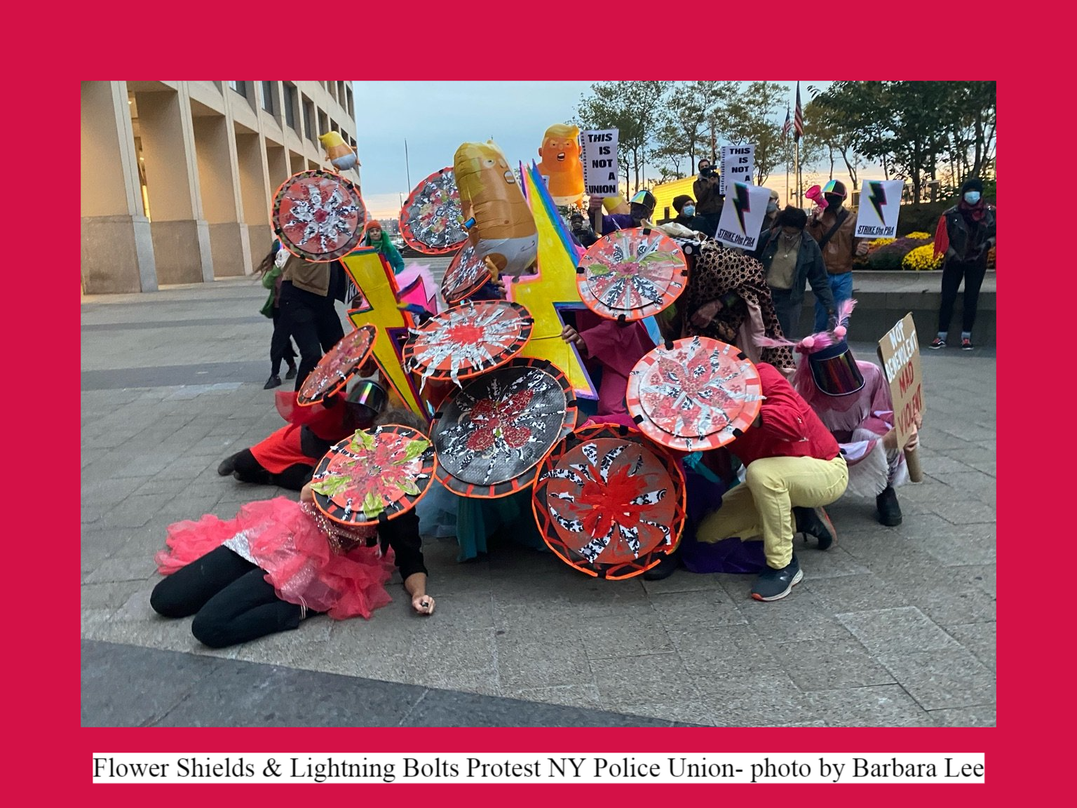 Flower Shields & Lightning Bolts Protest NY Police Union- photo by Barbara Lee