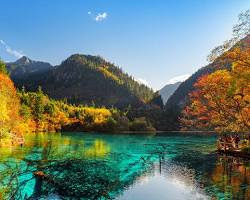 Five Flower Lake in Jiuzhaigou National Park, China during fall
