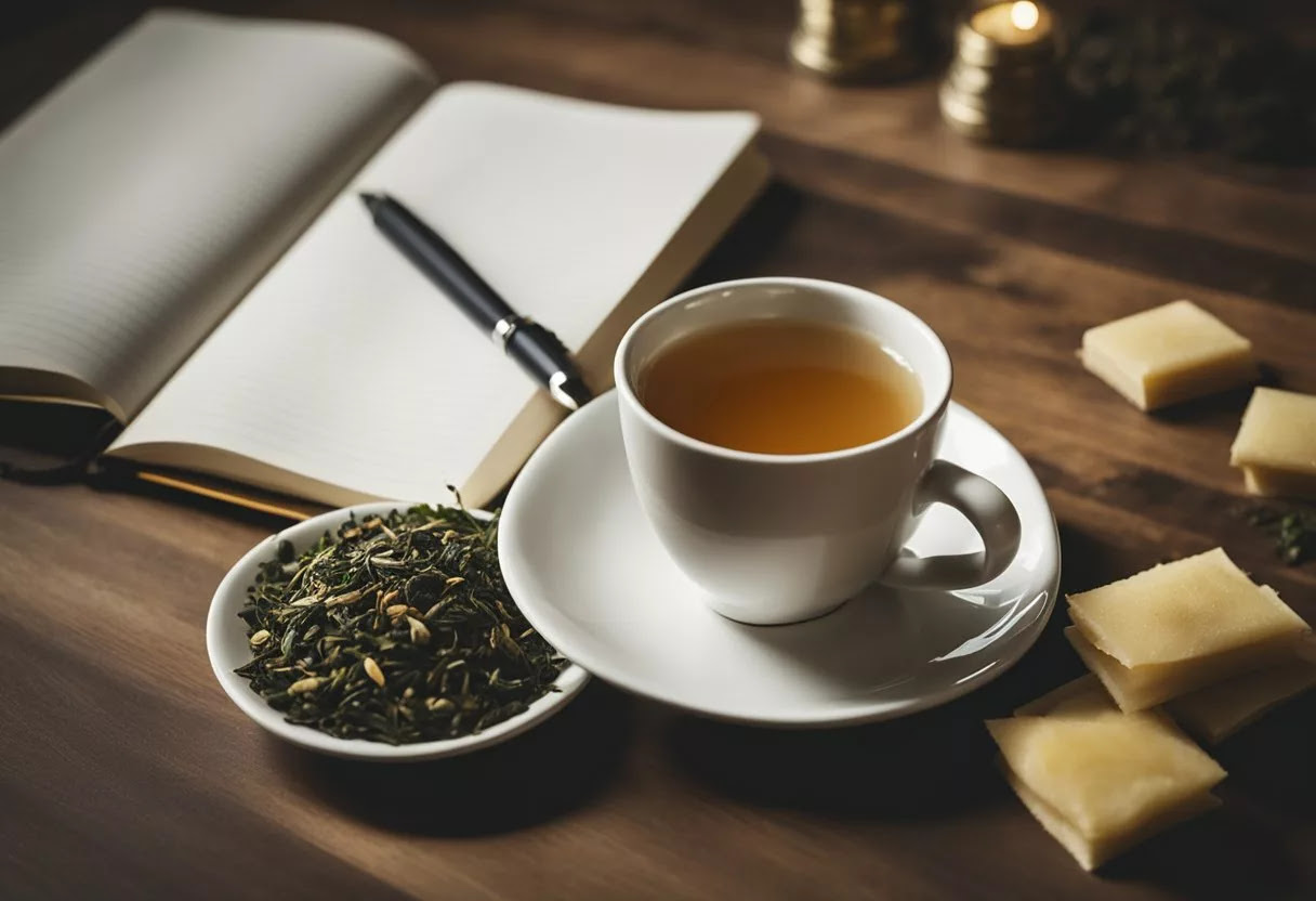 A table with a cup of tea, a notebook, and a pen, surrounded by scattered tea leaves and a pile of slimming tea bags
