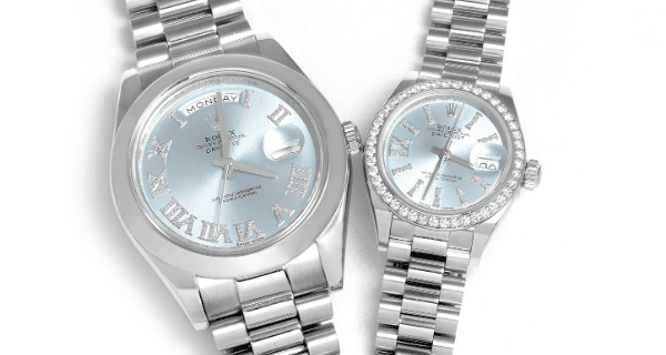 Rolex President Day-Date 41 Blue Diamond Dial Platinum Watch 218206 / Rolex President Ice Blue Dial Platinum Diamond Ladies Watch 279136