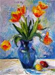 Flame Tulips, Blue Vase - Posted on Monday, March 9, 2015 by Carol Steinberg