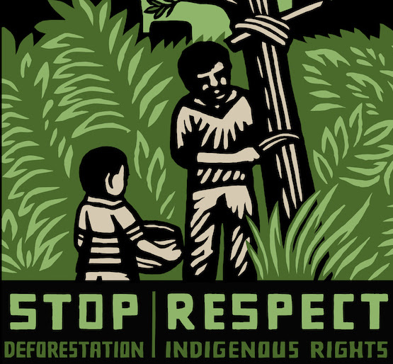 Two indigenous figures in a rainforest.