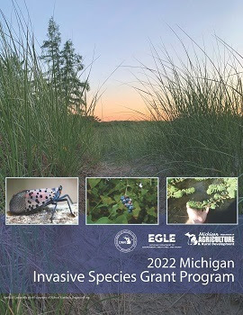 2022 MISGP handbook cover featuring a cattail marsh at sunset, with insert photos of a spotted lanternfly, mile-a-minute weed and parrot feather.