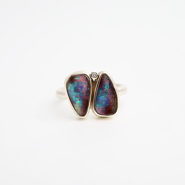 Sterling &amp; 14K Gold Ring with Double Asymmetrical Boulder Opal
