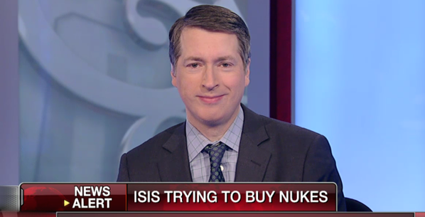 National Review's Rich Lowry appears above Fox News' false claim that "ISIS trying to buy nukes."