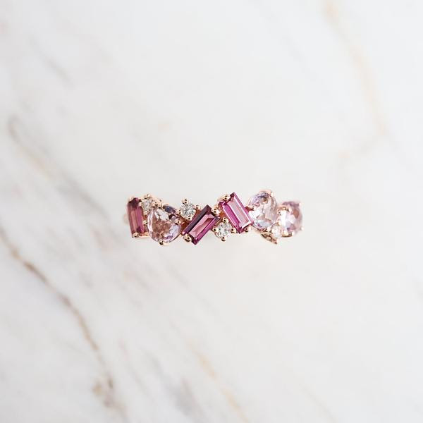 Rose Gold Mixed Cut Rose de France &amp; Rhodolite Ring