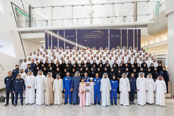 UAE leaders welcome astronaut Sultan Al Neyadi at the new Abu Dhabi International Airport terminal. UAE Presidential Court