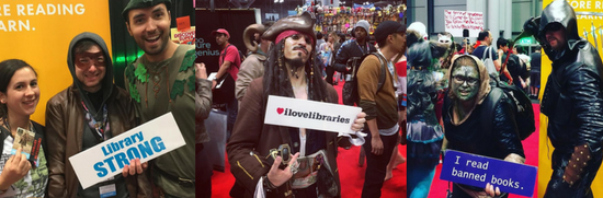 Costumed C2E2 attendees holding photobooth signs