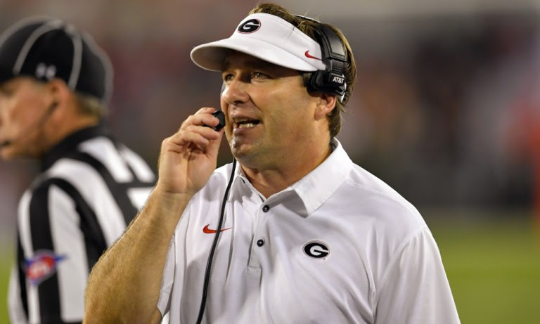 Kirby Smart watching Georgia versus Missouri on the sideline from 2017 game