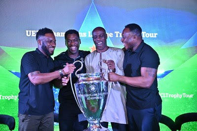 Austin 'Jay Jay' Okocha, Clarence Seedorf, Taribo West and Daniel Amokachi at the tour stop in Nigeria, during the pan-African UEFA Champions League trophy tour, courtesy of Heineken.