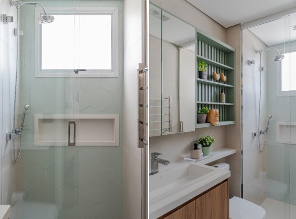 Em mais um banheiro pequeno o chuveiro de parede é complementado pela ducha manual | Projeto arquiteta Mari Milani | FOTO: Erika Urbino