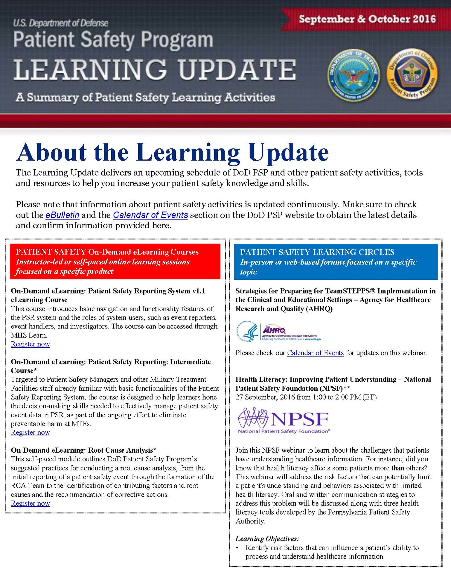 Learning Update September October 2016 Learning Update September October 2016