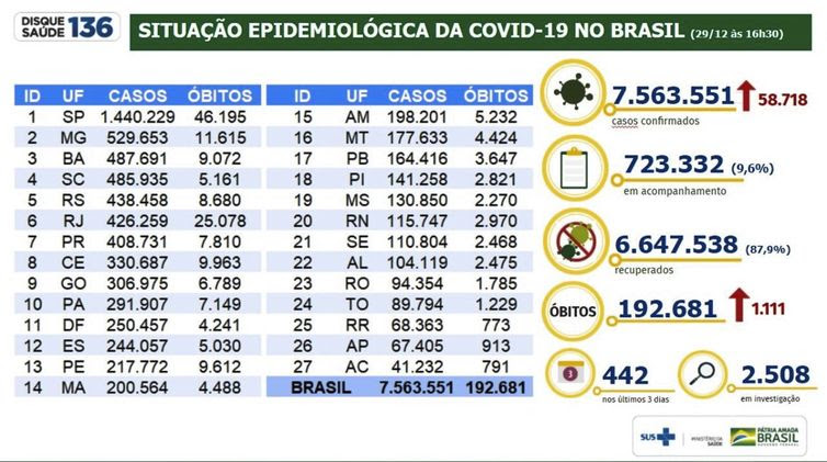 Situação epidemiológica da covid 19 no Brasil /29.12.2020