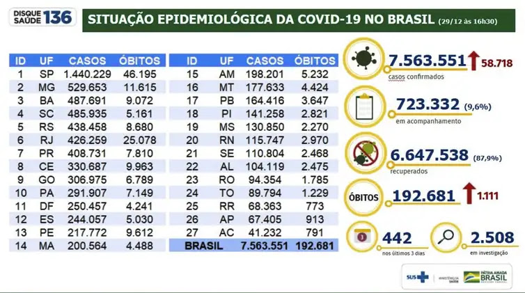 Ministério da Saúde Situação epidemiológica da covid 19 no Brasil /29.12.2020