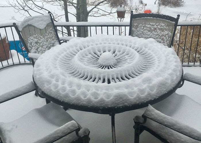 This                                                           Pattern In The                                                           Snow On A                                                           Patio Table