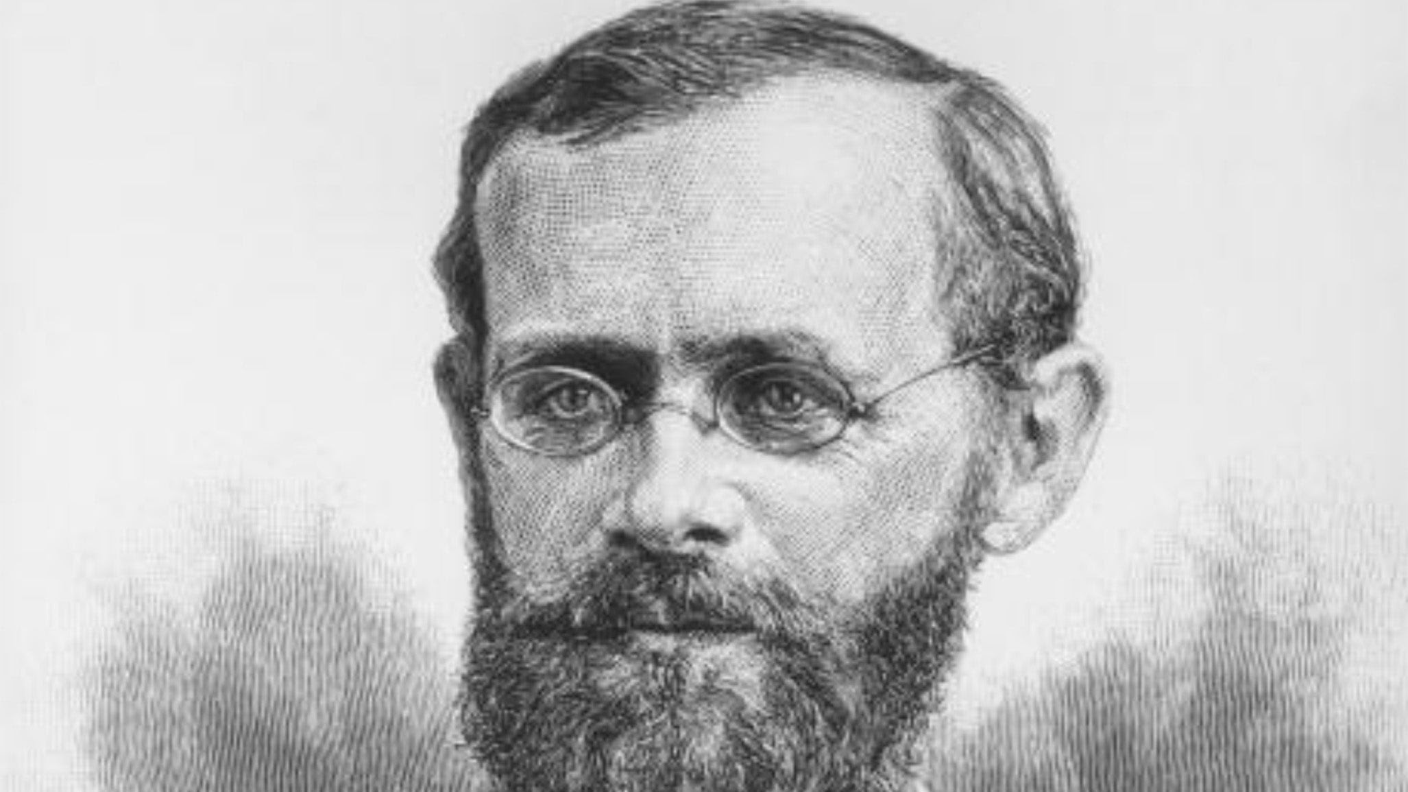 A black and white engraving of Cleveland Abbe, a pale, balding man with small spectacles, a severe side-part, and a full beard and mustache.