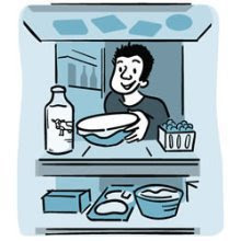 Illustration of a man placing food in the refrigerator.
