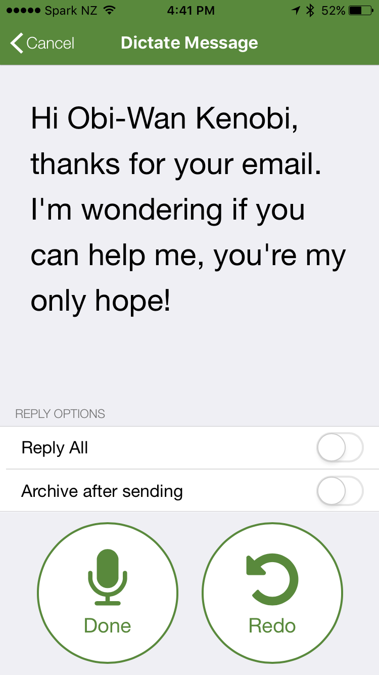 Reply dictation with voice commands on Speaking Email