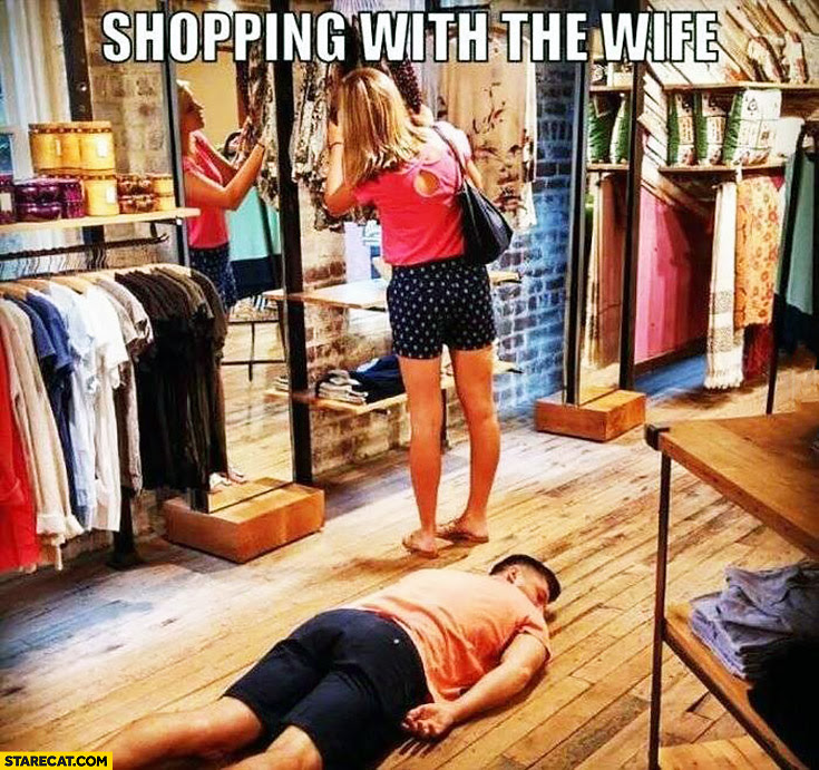 Shopping with the wife tired man husband laying on the flor