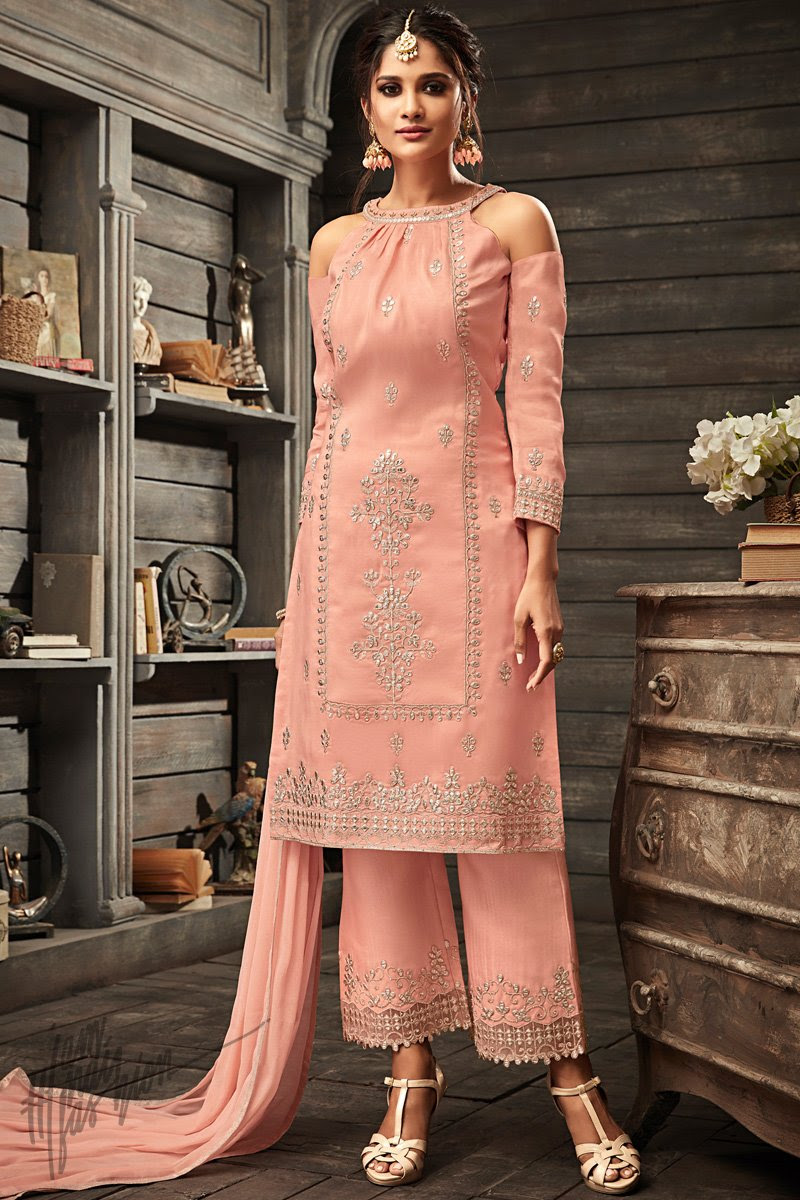 Salmon Pink Georgette Party Wear Straight Suit