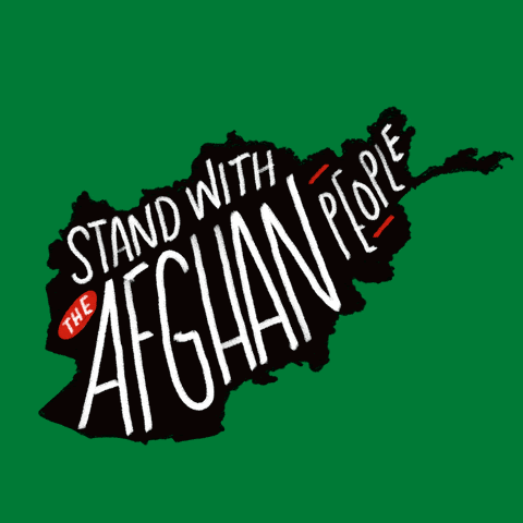 Image of the country of Afghanistan with the phrase "stand with the Afghan people"