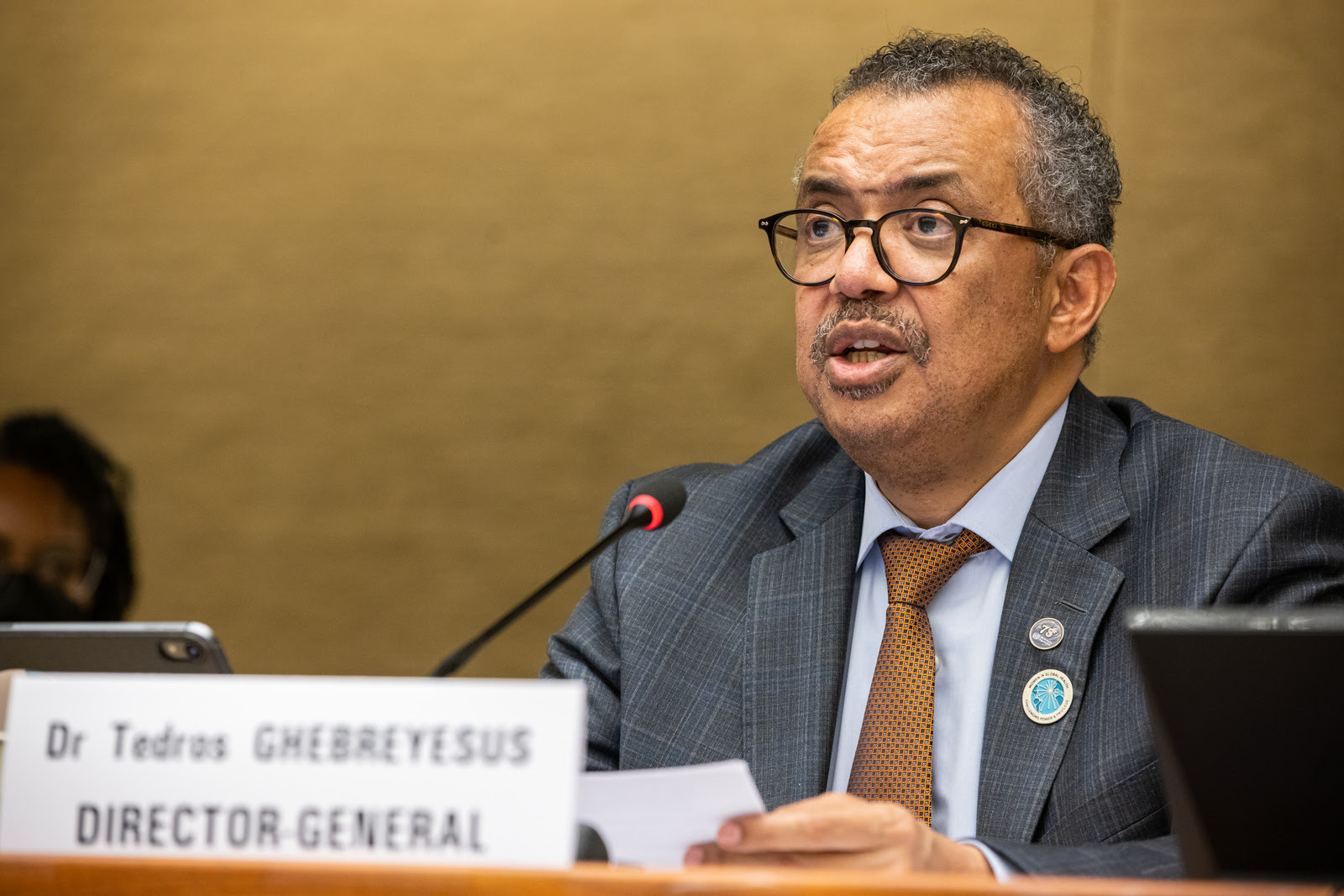 WHO Director-General Dr. Tedros Adhanom Ghebreyesus speaks at a strategic roundtable at the World Health Assembly.