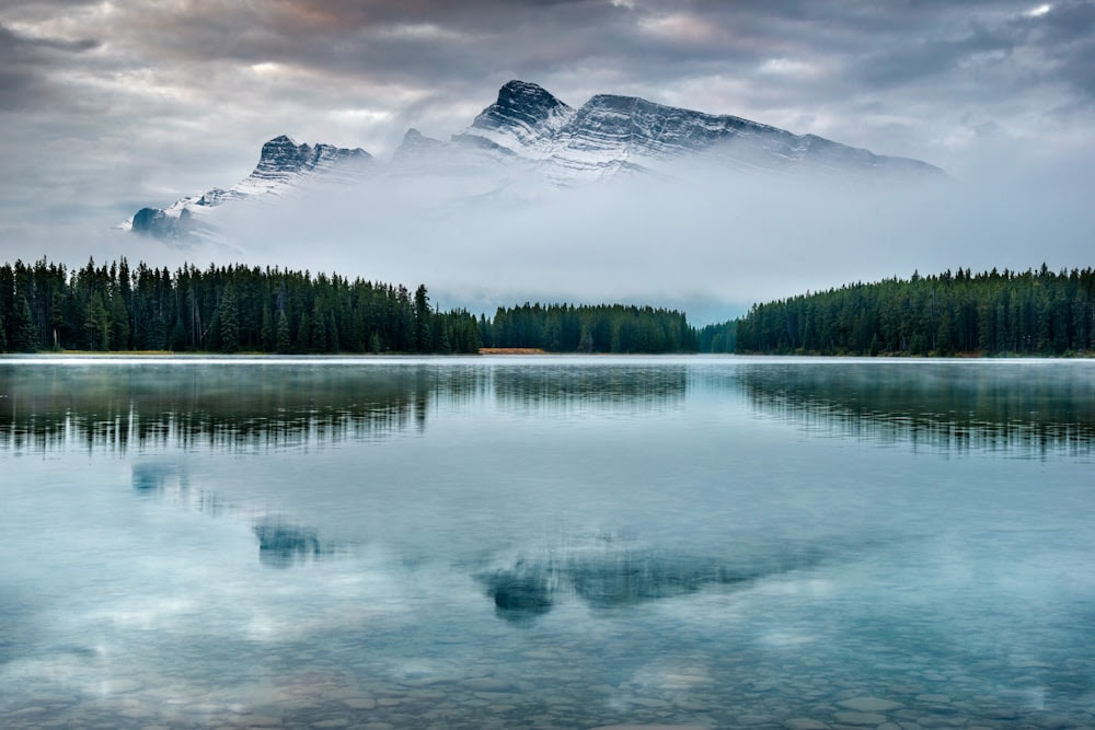 montagna innevata vicino a specchio d'acqua e alberi