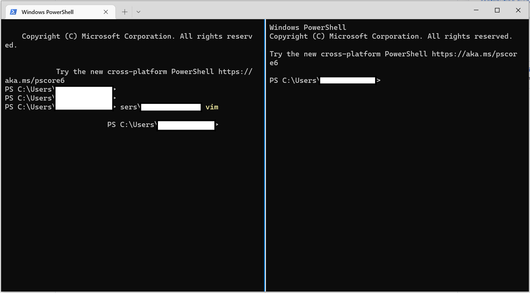 Windows Terminal after Exiting Vim 9 0 1054 and Creating New Pane, 2 of 2