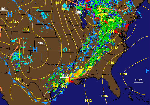 The 8 a.m. current weather map with radar composite overlay from the Weather Prediction Center showing a cold front causing rain in the Southeast.