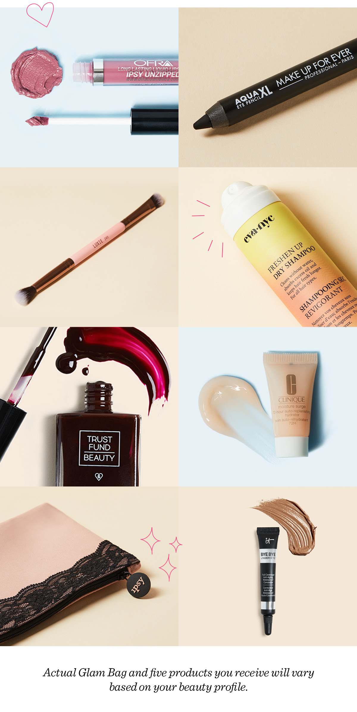Actual Glam Bag and five products you receive will vary based on your beauty profile.