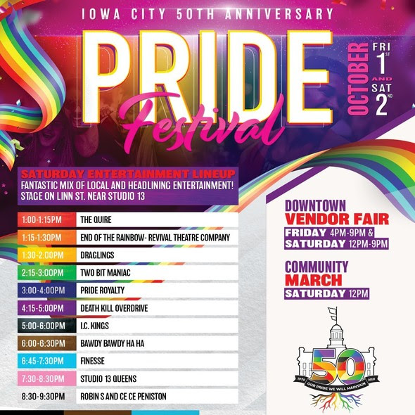 A graphic promoting Iowa City Pride 2021. 