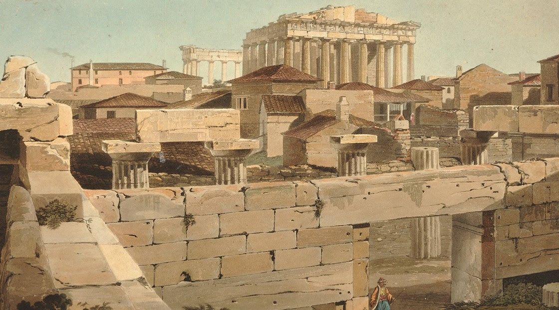 John Bailey (1750–1819), View of the Parthenon from the Propylea. Hand-coloured aquatint after Edward Dodwell, 1819.