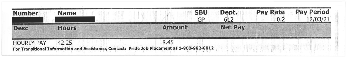 A pay stub from Fugee’s job with the Florida Department of Transportation. He made 20 cents per hour, for a total of $8.45 for more than 40 hours of data entry.